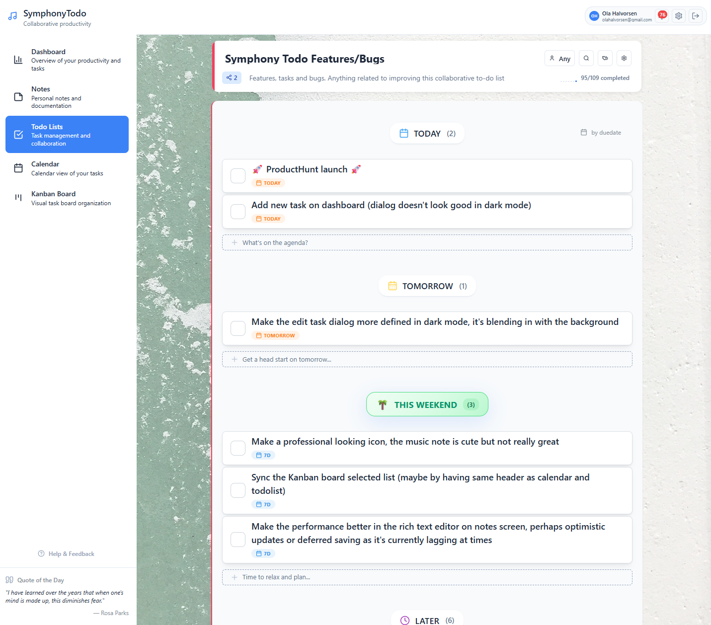 SymphonyTodo Todo Lists showing task organization, priorities, and collaboration features
